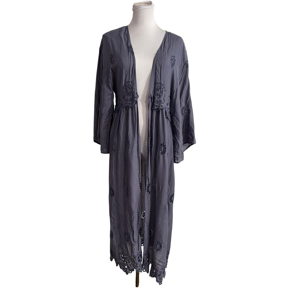 American Eagle Blue Eyelet Embroidered Long Duster Kimono Bell Sleeve M/L Boho